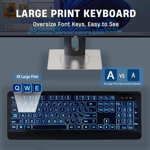 Large Print Backlit Keyboard, Wired Lighted Computer Keyboards with 7-Color Backlight, Light Up Oversize Letter Keys, Foldable Stands, USB Quiet Keyboard for PC, Windows, Laptop (Colorful Backlit) in Saudi Arabia