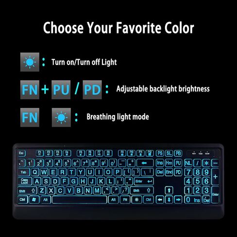 Large Print Backlit Keyboard, Wired Lighted Computer Keyboards with 7-Color Backlight, Light Up Oversize Letter Keys, Foldable Stands, USB Quiet Keyboard for PC, Windows, Laptop (Colorful Backlit) in Saudi Arabia