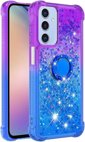 for Samsung Galaxy A15 5G Case Glitter Liquid Floating Case with Ring Holder Slim Fit Bumper Protective Kickstand Shockproof Silicone Case for Samsung A15 5G Case, Pink & Purple in Saudi Arabia