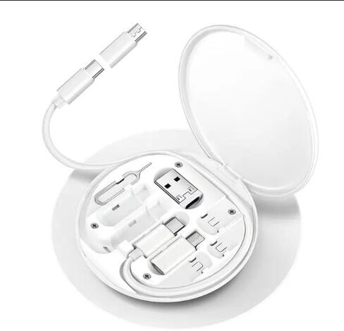 علبة محول السفر متعددة USB بما في ذلك النوع C إلى iOS ، دبوس القاذف ، Micro-USB ، كابل من النوع C من النوع C يصل إلى 60W PD ، شحن سريع ، وفتحة بطاقة SIM مع المرآة. (أبيض) in Kuwait