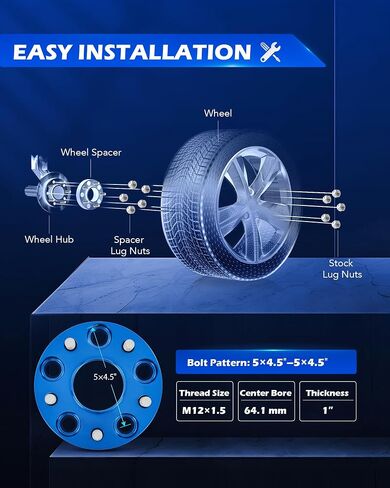 Orion Motor Tech Hub Centric 5x114.3 فواصل عجلات، 1 بوصة فواصل عجلات زرقاء مع مسامير M12x1.5 متوافقة مع Honda Accord Honda Civic Honda CRV Acura RSX Acura TL، طقم فاصل عجلة تجويف 64.1 مم، 4 قطع in Saudi Arabia