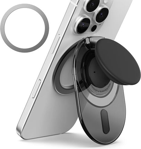 Sinjimoru Phone Grip Stand, Compatible with MagSafe, Adaptor Ring Included, 3000G Kickstand for iPhone 16/15/14/13/12. M-Tap Tok Stand Clear Black in Kuwait