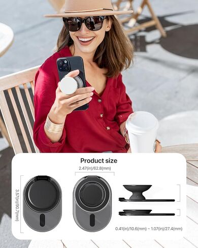 Sinjimoru Phone Grip Stand, Compatible with MagSafe, Adaptor Ring Included, 3000G Kickstand for iPhone 16/15/14/13/12. M-Tap Tok Stand Clear Black in Kuwait