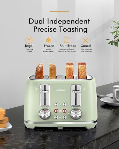 4 Slice Toaster, Extra Wide Slots, Longdeem Retro Stainless Steel Toasters, 6 Browning Options, Auto Shut Off & Frozen Function, Toast Fruit Bread, Bagel & Waffle, Red in Kuwait