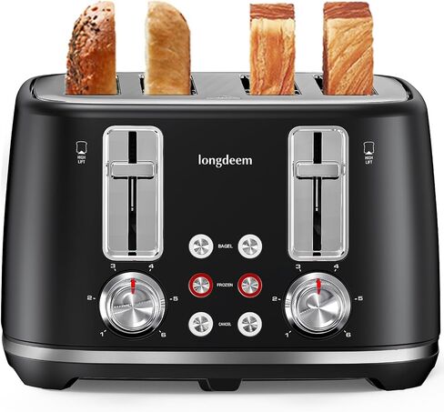 4 Slice Toaster, Extra Wide Slots, Longdeem Retro Stainless Steel Toasters, 6 Browning Options, Auto Shut Off & Frozen Function, Toast Fruit Bread, Bagel & Waffle, Red in Kuwait