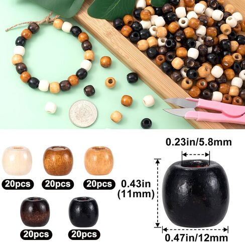 100 PCS Wooden Beads with Large Holes for Crafts, Natural Wood Hair Beads, Big Beads for Braids, 9x10 mm Wooden Spacer Loose Beads for DIY Crafts Decor, Jewelry Making, Bracelets - 5 Colors in Saudi Arabia