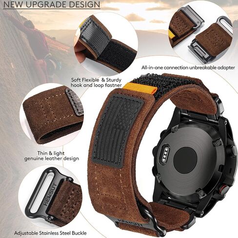Soft Suede Leather Watch Band, 22mm Military Strap Compatible with Garmin Fenix 8 47mm /7/7 Pro/6/6 Pro/5/5 Plus/E 47mm, MARQ Athlete/Golfer/Driver/Captain/Adventurer/Commander, Instinct 2/Crossover/Tacical/Esports/Tide, D2 Delta S/Descent G1, Approach S6 in Kuwait