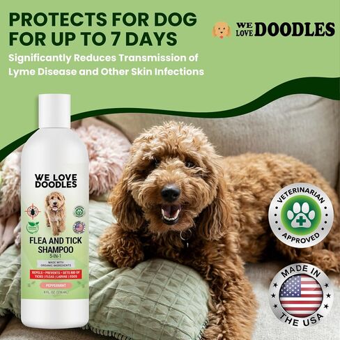 We Love Doodles Organic Flea Shampoo for Dogs - Stops Fleas & Ticks for Dogs, Natural, Safe & Effective Lice Treatment, Soothing Shampoo for Sensitive Skin, Made in USA, 16 oz in Saudi Arabia