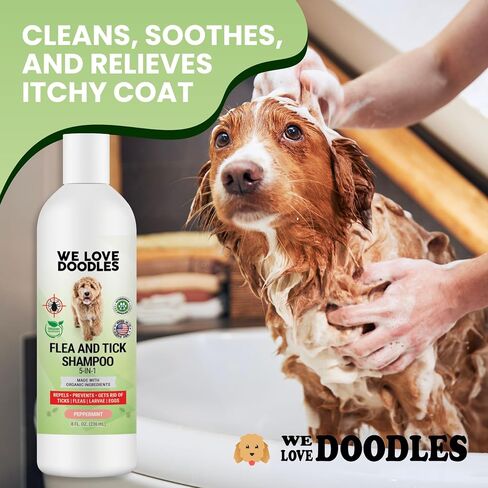 We Love Doodles Organic Flea Shampoo for Dogs - Stops Fleas & Ticks for Dogs, Natural, Safe & Effective Lice Treatment, Soothing Shampoo for Sensitive Skin, Made in USA, 16 oz in Saudi Arabia