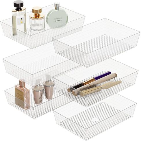 DCA 28 PCS Clear Plastic Drawer Organizer Set, 4-Size Versatile Bathroom and Vanity Drawer Organizer Trays, Storage Bins for Makeup, Jewelries, Kitchen Utensils and Office in Saudi Arabia
