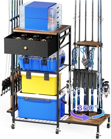Fishing Rod Holders for Garage, 360°Rotating Fishing Pole Holders, Fishing Rod Rack Cart Holds Up to 12 Rods, Fishing Rod Storage Stand Equipment Organizerfor Men (Black) in Saudi Arabia