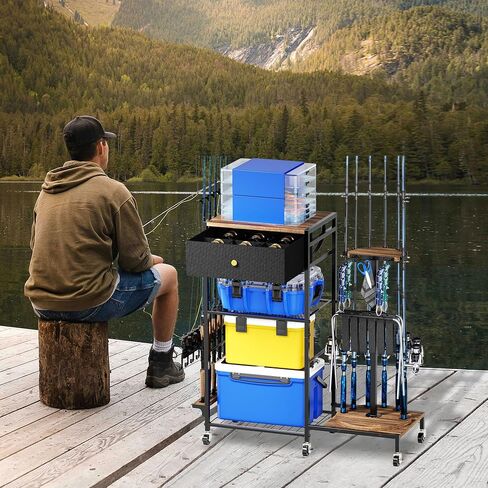 Fishing Rod Holders for Garage, 360°Rotating Fishing Pole Holders, Fishing Rod Rack Cart Holds Up to 12 Rods, Fishing Rod Storage Stand Equipment Organizerfor Men (Black) in Saudi Arabia