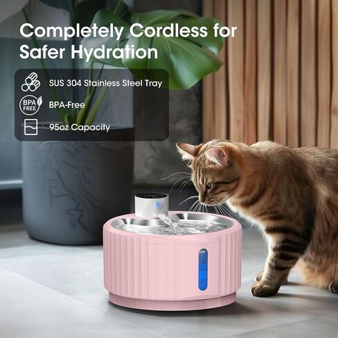 Wireless Cat Water Fountain, 94 oz/2.8 L Battery Operated Pet Water Fountain for Cats Inside, Automatic Dog Water Fountain with Stainless Steel Tray, Motion Sensor, Quiet Pump (Blue) in Saudi Arabia