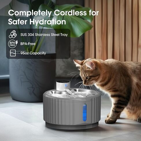Wireless Cat Water Fountain, 94 oz/2.8 L Battery Operated Pet Water Fountain for Cats Inside, Automatic Dog Water Fountain with Stainless Steel Tray, Motion Sensor, Quiet Pump (Blue) in Kuwait