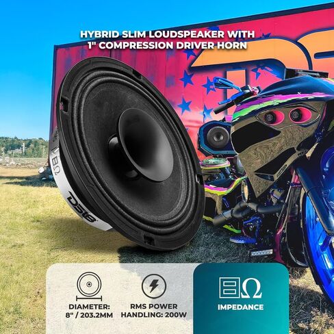 DS18 PRO-HY8MSL 8" Shallow Hybrid Mid-Range Car Audio Loudspeaker with Built-in Driver and Grill Included 400W Max 200W RMS 8 Ohms (1 Speaker) in Saudi Arabia