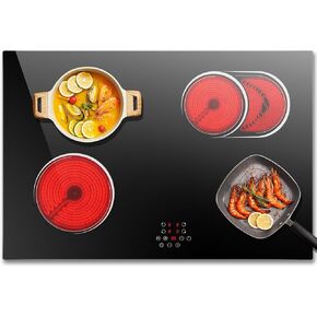 30 Inch Electric Cooktop 6600W, 4 Burner Electric Stove with Slide Control, Built-in 30'' Ceramic Cooktop 220V Hard Wire, Timer & Safety Lock, Extended Zone, Residual Heat Warning