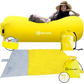 Nevlers Gray/Yellow Waterproof Blanket & Inflatable Chair | Inflatable Couch Outdoor Lounger & 75"x79" Large Beach Blanket Sandproof | Portable Chairs & Large Blanket for Beach Essentials for Vacation