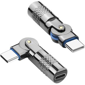 QIANRENON Micro USB to USB C Swivel Adaptor Micro USB Female to Type C Male 180° Rotation Charging Data Connector Rotatable Micro to USB C Extender Plug 5V 3A 480Mpbs Metal Shell LED Light, 2Pcs
