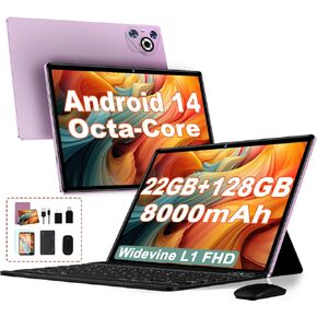 2025 Android 14 Tablet, 22GB RAM+128GB ROM+1TB Expand, 8000mAh Battery, 10.1 Inch Touchscreen, Octa-Core CPU, 2-in-1 Tablet with Keyboard&Mouse, Support BT5.0, GPS, WiFi - Purple