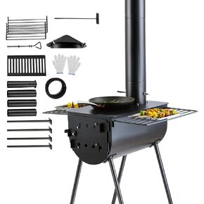 VEVOR 118" Camping Wood Stove, Portable Alloy Steel Tent Stove with 3000in³ Firebox, Outdoor Heating & Cooking Stove with Chimney Pipes & Gloves, Includes 8 Pipes for Efficient Heating