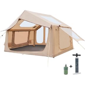 12x7.5 FT Large Inflatable Tent with Stove Jack, 8-10 Person Camping Tent with Electric Air Pump, Clear Skylight & Stove Jack, 420D Oxford Waterproof, Air Tent with Mesh Windows/Doors