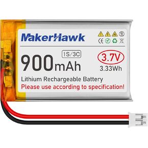 MakerHawk 3.7V 900mAh LiPo Battery Rechargeable 1S 3C 603450 Lithium Polymer Battery with Dual Battery Protection Board, Micro JST 2.0 Plug for IoT PDA Camera GPS Smart Development(1 Pack)