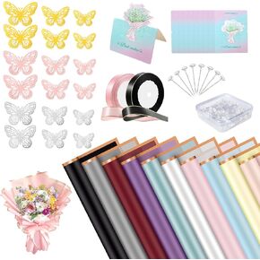 REAXYZNN 235 Pcs Bouquet Wrapping Paper Waterproof Flower Wrapping Paper for DIY Craft, Florist Supplies with Bouquet Pin Butterfly Decoration Ribbons Greeting Cards for Wedding Birthday Present (10 Colors)