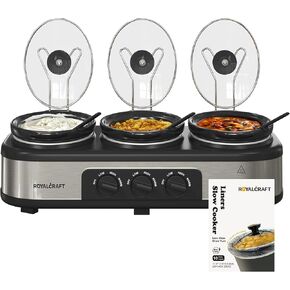 Triple Slow Cooker Buffet Server with 10 Cooking Liners, Adjustable Temperature Settings, Dishwasher Safe, for Parties, Holidays and Entertaining, 3 * 1.5 Quarts Silver