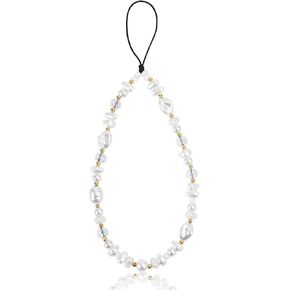 Shaped Pearl Phone Beaded Wrist Strap, Gold and White Beaded Phone Bracelet Strap Cute Phone Bracelet Lanyard Phone Keychain Charm Strap for Women Phone Keychain