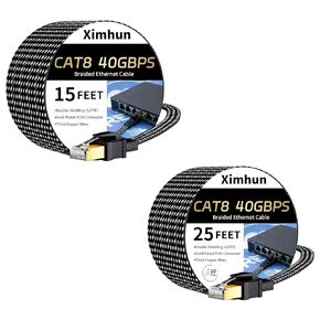 Cat 8 Ethernet Cable 15FT and 25FT, Nylon Braided High Speed Internet Network Cable with RJ45 Connector, 40Gbps 2000MHz Heavy Duty LAN Cable Indoor&Outdoor for Modem/Router/Gaming/PC