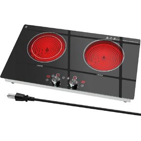 2 Burner Electric Cooktop 24 Inch, 120V Electric Stove Top with Countertop & Built-in Design, 1800W Knob Control Radiant Ceramic Cooktop with Safety Lock, 9 Level Power, 99 Min Timer - Plug in