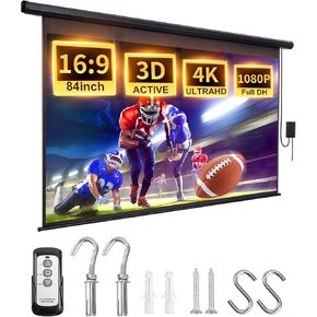Motorized Projector Screen Pull Down 120 Inch Automatic Projector Screen with Remote Control and Ceiling Mount Hooks, Electric Projection Screen Retractable Black Movie Screen 4:3 Outdoor Indoor
