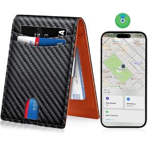 Mens Slim Wallet Tracker Work for Apple Find My (iOS Only) App,Smart Wallet for Men with Money Clip Bifold Credit Card Holder with Gift Box. (iOS, Carbon Black & Orange)