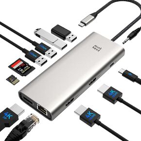 USB C Docking,12 in 1 Laptop Docking Station Multiport USB C Adapter Plug-and-Play with Dual 4K HDMI/DP,100W PD in, USB3.0 Ports, Ethernet, Audio and SD/TF Slots, for MacBook, Dell, HP, XPS and More