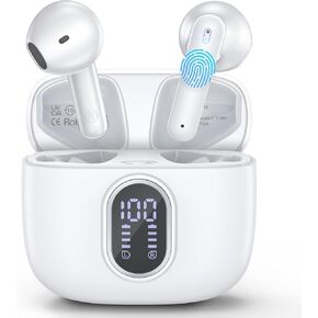 Wireless Earbuds Bluetooth 5.3 Headphones 42 Hrs Playtime with LED Display, HiFi Stereo Wireless Earphones with 4 ENC Noise Cancelling Mics, IPX7 Waterproof Ear Buds for iOS and Andorid White