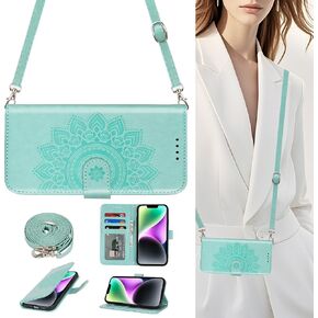 Elteker for iPhone 14 Wallet Case with Shoulder Strap Crossbody Lanyard, PU Leather Flip Kickstand Women Wallet Case with Card Holder for iPhone 14 - Blue