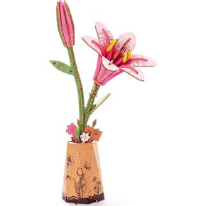 Rowood Wooden Flower Kit,DIY Artifical Flower Building Set Craft Kit for Adults,Mother's Day/Valentine's Day for Mom/Women/Grandma-Pink Lily