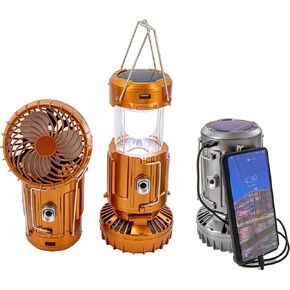 Large Solar Lantern Powered LED Light & Fan - 6 in 1 Portable Collapsible Rechargeable Camping Lamp W/ Fan, Charging Station & Battery Backup Indoor Outdoor - Large Size, Silver