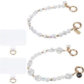 2 Pcs Fake Pearl Phone Charm Irregular Pearls Beaded Phone Wrist Strap with 2 Clips 11" Detachable Moonlight Pearl Lanyard Wristlet for Women Girls Suitable Most Smartphones