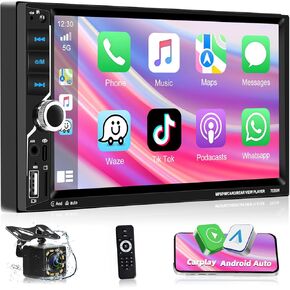 7" Double Din Car Stereo HD Touch Screen Bluetooth Handsfree Audio Receiver with CarPlay Android Auto FM Mirror Link Voice Control Backup Camera/Steering Wheel Control/USB/TF/AUX/MIC