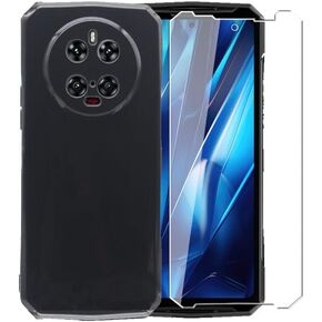 Case for Doogee DK10 5G + Glass Screen Protector Tempered Film - Transparent Silicone Soft Flexible Bumper Shockproof TPU Protective Cover Shell for Doogee DK10 5G (Black)