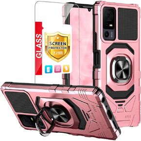 TJS Case for TCL 40 XL & T608DL, Lively Jitterbug Smart4 - Tempered Glass Screen Protector, Metal Ring Kickstand Heavy Duty Drop Protector (Red)