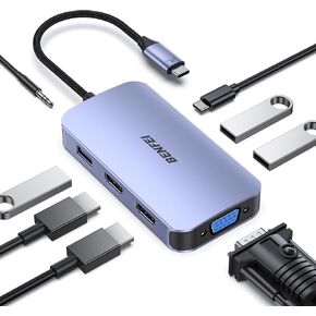 BENFEI USB C Docking Station, 8-in-1 USB C Hub with Triple Display Dual HDMI, VGA, 3*USB 3.0, 100W Power Delivery, 3.5mm AUX Audio Compatible with MacBook Pro, XPS and More