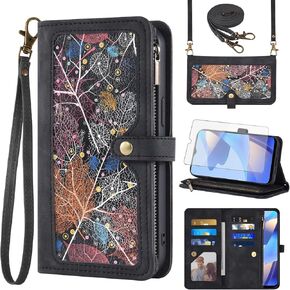 Asuwish Phone Case for Samsung Galaxy A16 5G/4G Wallet Cover with Tempered Glass Screen Protector and Crossbody Wrist Strap Leather Flip Pattern Zipper Credit Card Holder Stand Cell A 16 G5 16A Black