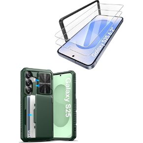 for Samsung Galaxy S25 Case with HD Tempered Glass Screen Protector [2 Pack], Build-in Card Holder, Slide Camera Cover, Military Grade Protection, Hard Case for Galaxy S25 6.2", Green