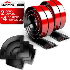 X-Protector 2 أغطية سلك الأرضية السوداء + 4 زوايا-واقي سلك الحبل 5 '-واقي كابل الطاقة الذاتي-واقي سلك السيليكون-غطاء سلك تمديد مثالي لحماية الأسلاك