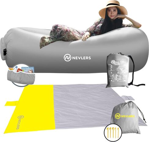 Nevlers Gray/Yellow Waterproof Blanket & Inflatable Chair | Inflatable Couch Outdoor Lounger & 75"x79" Large Beach Blanket Sandproof | Portable Chairs & Large Blanket for Beach Essentials for Vacation in Saudi Arabia