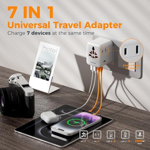 TESSAN Universal Travel Adapter, International Power Adapter with 4 USB Ports (1 USB C), Worldwide Plug Adaptor Wall Charger for USA to Europe UK France Germany Spain Ireland Australia(Type C/G/A/I) in Kuwait