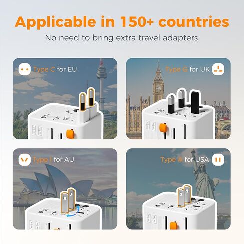 TESSAN Universal Travel Adapter, International Power Adapter with 4 USB Ports (1 USB C), Worldwide Plug Adaptor Wall Charger for USA to Europe UK France Germany Spain Ireland Australia(Type C/G/A/I) in Kuwait