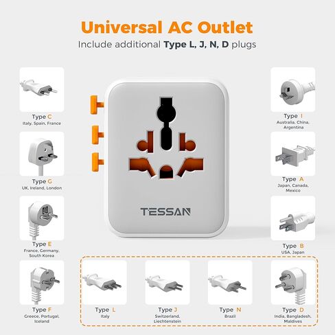 TESSAN Universal Travel Adapter, International Power Adapter with 4 USB Ports (1 USB C), Worldwide Plug Adaptor Wall Charger for USA to Europe UK France Germany Spain Ireland Australia(Type C/G/A/I) in Kuwait